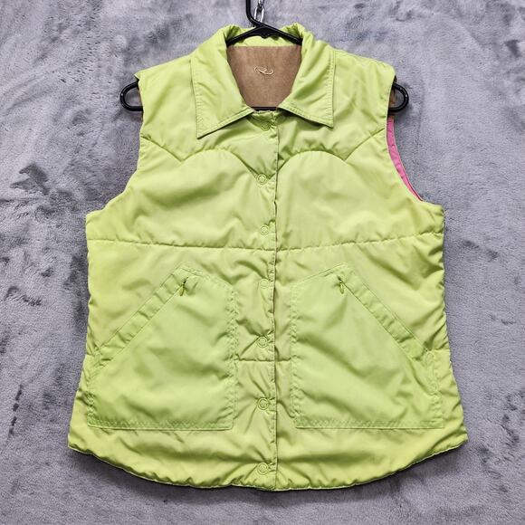 Roper Vest Womens S Pink Tan Neon Green Reversible Puffer Snap Western Retro - Picture 5 of 14